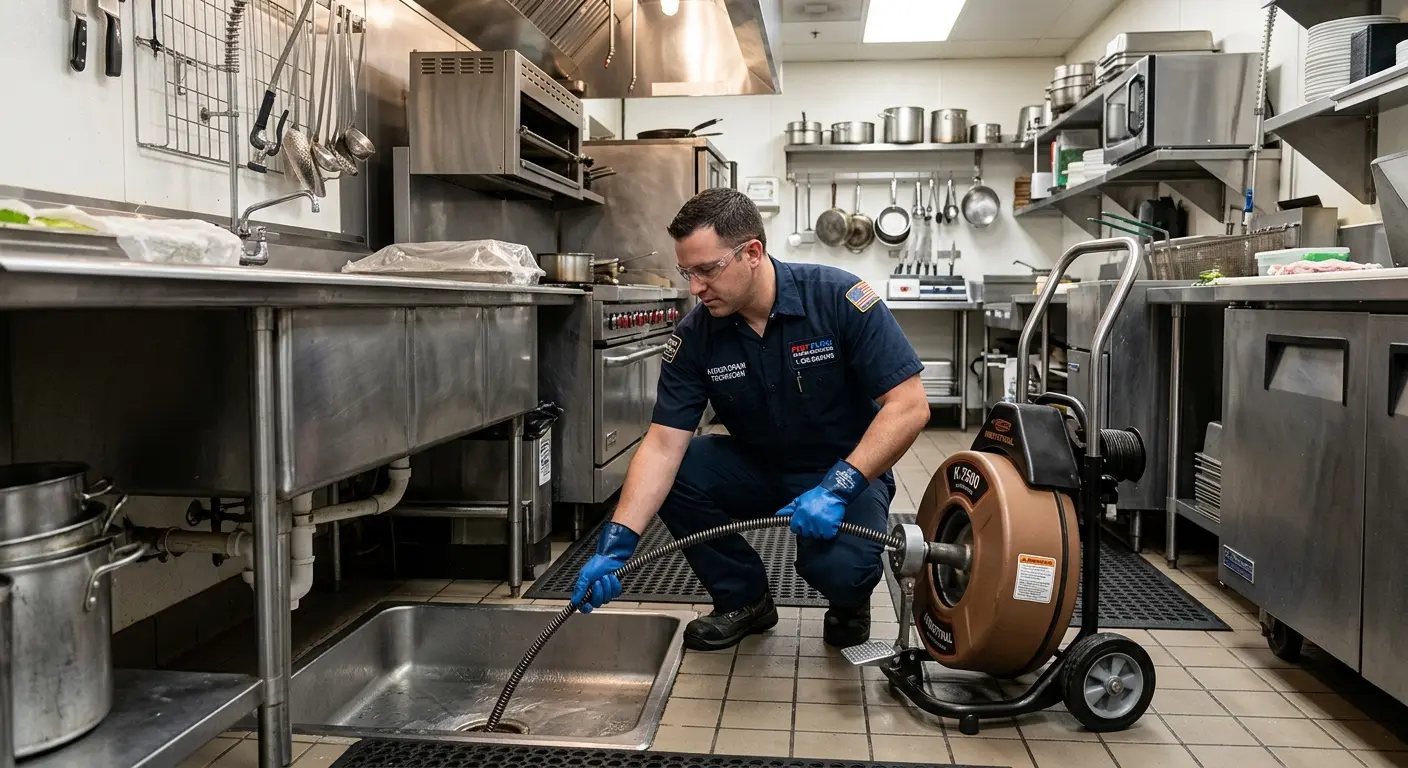 Commercial drain cleaning service in a restaurant kitchen in De Witt