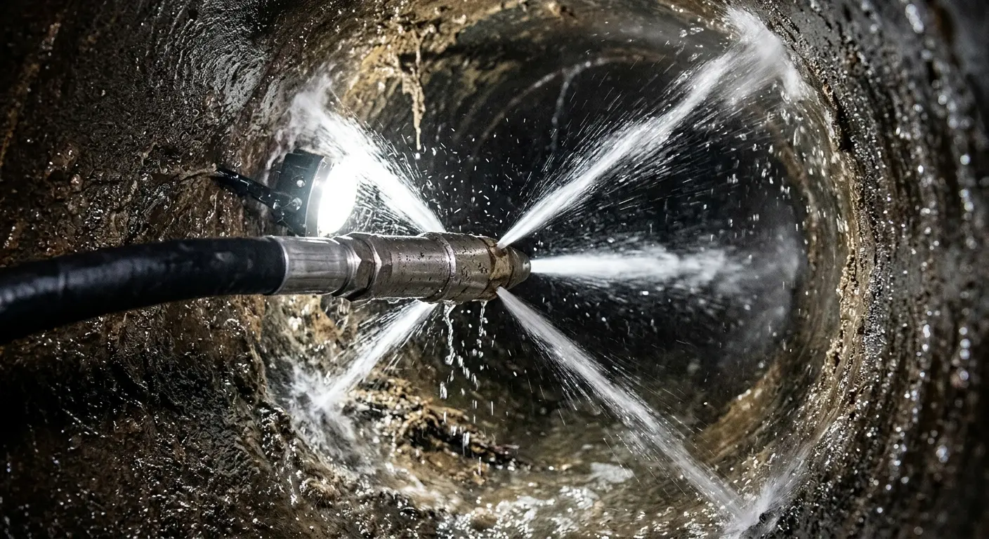 High-pressure hydro jetting nozzle cleaning sewer pipe for Sewer Cleanout in De Witt