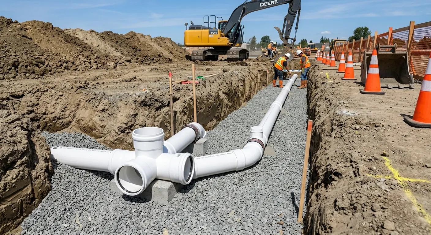 New PVC sewer pipe installation in open trench for Sewer Backup in De Witt