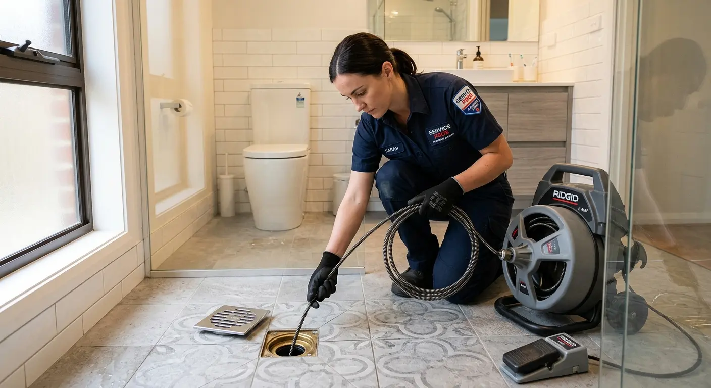 Technician clearing a bathroom floor drain for Clogged Drain Repair in De Witt
